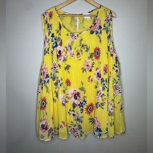 AVA & VIV Yellow Floral Pleated Swing Tank Top Size 3X‎